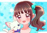  1girl animal aqua_scrunchie aqua_shirt brown_hair cat commentary hair_ornament hair_scrunchie holding holding_animal kyanos_(b_0000ff) looking_at_viewer medium_hair nekoyashiki_mayu nekoyashiki_yuki nekoyashiki_yuki_(cat) open_mouth precure purple_eyes scrunchie shirt side_ponytail smile solo wonderful_precure! 