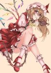  1girl absurdres ascot bare_legs blonde_hair brown_background collared_shirt flandre_scarlet frilled_skirt frilled_sleeves frilled_socks frilled_vest frills full_body hair_between_eyes hat hat_ribbon highres holding holding_polearm holding_weapon laevatein_(touhou) long_hair looking_at_viewer mary_janes mob_cap multicolored_wings nail_polish omigawa_namari one_side_up open_mouth polearm puffy_short_sleeves puffy_sleeves purple_eyes red_footwear red_nails red_ribbon red_skirt red_vest ribbon ribbon-trimmed_headwear ribbon_trim shirt shoes short_sleeves simple_background skirt skirt_set smile socks solo teeth thighs touhou vest weapon white_hat white_shirt white_socks wings yellow_ascot 