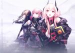  3girls ar-15 banana_(girls&#039;_frontline) brown_hair closed_mouth copyright_name girls&#039;_frontline gloves gun headgear highres holding holding_gun holding_weapon long_hair looking_at_viewer m4_sopmod_ii_(girls&#039;_frontline) m4_sopmod_ii_(mod3)_(girls&#039;_frontline) m4a1_(girls&#039;_frontline) m4a1_(mod3)_(girls&#039;_frontline) mechanical_arms multiple_girls open_mouth pink_hair purple_eyes purple_gloves red_eyes rifle robot scope shou_xian_wu st_ar-15_(girls&#039;_frontline) st_ar-15_(mod3)_(girls&#039;_frontline) teeth upper_teeth_only v weapon 