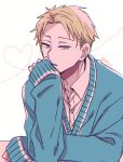  1boy artist_name blonde_hair blue_eyes blue_sweater buttons collared_shirt commentary_request elbow_rest expressionless hand_up head_rest heart katagiri_atsuko long_sleeves looking_at_viewer male_focus parted_bangs parted_lips shirt short_hair simple_background sleeves_past_wrists solo spy_x_family sweater twilight_(spy_x_family) upper_body white_background white_shirt wing_collar 