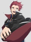  1boy :d black_cape blue_jacket cape commentary_request grey_background grey_eyes highres jacket lance_(pokemon) long_sleeves looking_back male_focus mocollie open_mouth pokemon pokemon_hgss popped_collar red_hair short_hair simple_background smile solo spiked_hair teeth tongue upper_body 