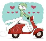  bob_cut colored_skin dress from_side gardevoir green_hair hair_over_one_eye heart highres motor_vehicle multicolored_skin on_scooter open_mouth pink_eyes pokemon pokemon_(creature) putri_(somedude1727) scooter simple_background star_(symbol) two-tone_skin white_dress white_skin 
