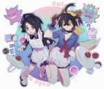  2boys allister_(pokemon) animal_ears apron bell black_choker black_gloves black_hair blue_shirt cake choker crossed_bangs doughnut dusk_ball fake_animal_ears fake_tail flying_sweatdrops food frilled_apron frills full_body gengar gloves hairband hat highres holding kieran_(pokemon) long_sleeves looking_at_viewer lostoria_sv male_focus mole mole_under_mouth multicolored_hair multiple_boys neck_bell open_mouth orange_eyes otoko_no_ko parted_lips partially_fingerless_gloves poke_ball poke_ball_(basic) pokemon pokemon_sv pokemon_swsh purple_hair purple_hat red_gloves shirt shoes short_sleeves shorts single_glove tail tray waist_apron white_apron 