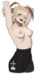  1girl absurdres antenna_hair armpits arms_up black_pants blonde_hair blue_eyes breasts cameltoe english_text fangs forehead hair_slicked_back high-waist_pants highres holding_own_arm larxene lips medium_breasts medium_hair navel nipples open_mouth original pants pointy_ears porqueloin sidelocks simple_background solo sweat teeth topless white_background 