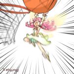  1girl alonemistrist armpits ball basketball basketball_(object) basketball_hoop dragalia_lost dress fairy fairy_wings flower full_body hair_flower hair_ornament long_hair notte_(dragalia_lost) open_mouth pink_hair slam_dunk_(basketball) sleeveless sleeveless_dress solo white_background wings 