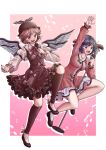  2girls :d animal_ears bird_ears bird_wings black_footwear bow brown_dress brown_socks buttons choujuu_gigaku concert dog_ears dress earrings frilled_dress frills green_eyes green_hair hand_up hat highres holding holding_microphone jewelry jumping kasodani_kyouko kneehighs kyabekko leg_up long_sleeves microphone microphone_stand multiple_girls mystia_lorelei open_mouth pink_dress pink_eyes pink_hair smile socks teeth touhou truss upper_teeth_only vintage_microphone white_socks white_wings winged_footwear winged_hat wings 