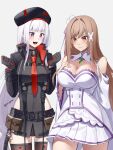 2girls :d bare_shoulders blunt_bangs breasts cleavage closed_mouth commentary_request cosplay costume_switch cowboy_shot emilia_(re:zero) emilia_(re:zero)_(cosplay) goddess_of_victory:_nikke hair_between_eyes highres large_breasts looking_at_another multiple_girls open_mouth rapi_(nikke) rapi_(nikke)_(cosplay) re:zero_kara_hajimeru_isekai_seikatsu sidelocks simple_background skindentation smile standing white_background yorugami_rei 