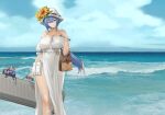  1girl bag bare_shoulders beach belt blue_eyes blue_hair blue_sky breasts choker cleavage closed_mouth cloud cloudy_sky collarbone commentary day dress feet_out_of_frame flower hair_between_eyes hat hat_flower highres holding huge_breasts kny_yy large_breasts long_hair looking_at_viewer ocean off_shoulder original outdoors see-through see-through_dress side_slit sky smile solo standing sun_hat sundress sunflower symbol-only_commentary thighs very_long_hair water waves white_dress white_hat wrist_cuffs 