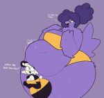 absurd_res anthro avian beak bear belly big_belly big_breasts bird breasts clothed clothing curvy_figure digital_media_(artwork) duo english_text eyelashes feathers female female/female fur giant_panda hair hi_res mammal navel obese overweight overweight_anthro overweight_female purple_body purple_hair simple_background size_difference smile swallowpancakes tail text thick_thighs voluptuous voluptuous_anthro voluptuous_female white_body white_fur wide_hips