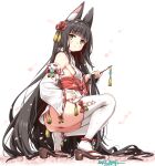  1girl animal_ear_fluff animal_ears ass azur_lane black_hair blunt_bangs breasts brown_eyes commentary_request detached_sleeves fox_ears fox_girl from_side hair_ornament highres holding_own_hair japanese_clothes kimono long_hair looking_at_viewer nagato_(azur_lane) obi panties red_panties sandals sash short_kimono sideboob small_breasts smile solo squatting thighhighs thighs umyonge_(lkakeu) underwear very_long_hair white_kimono white_sleeves white_thighhighs 