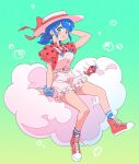  1girl blue_background blue_eyes blue_hair bracelet bug closed_mouth cloud earrings hat hat_ribbon highres jewelry ladybug maplebellll marinette_dupain-cheng miraculous_ladybug pants red_footwear red_ribbon red_shirt ribbon shirt sitting smile tikki white_hat white_pants 