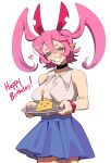  1girl :d absurdres bare_arms birthday_cake black_choker blue_eyes blue_skirt blush borrowed_character cake candle cheese choker clenched_teeth collared_shirt cowboy_shot ear_piercing fire food grin hairband happy_birthday highres holding holding_plate impossible_hair original piercing pink_hair pink_hairband plate pleated_skirt pointy_ears porqueloin shirt skirt sleeveless sleeveless_shirt smile solo standing teeth twintails vinx_(kurdlez) white_shirt 