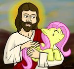  black_eyes brown_hair equine eyes_closed facial_hair female feral fluttershy_(mlp) friendship_is_magic fur hair happy horse human jesus_christ male mammal my_little_pony pegasus petirep petting pink_hair pony smile wings yellow yellow_fur 