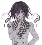  1boy :o ? ?? black_hair buttons checkered_clothes checkered_scarf danganronpa_(series) danganronpa_v3:_killing_harmony double-breasted grey_jacket hair_between_eyes highres hlt_in index_finger_raised jacket long_sleeves medium_hair oma_kokichi scarf simple_background solo upper_body 