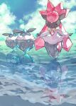  absurdres beach blue_sky carbink closed_eyes cloud colored_skin diamond_(gemstone) diancie gara_(qbeuxvii22) grey_skin highres horizon no_humans open_mouth outdoors outstretched_arms pokemon pokemon_(creature) reflection sky smile water 