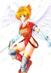  1girl angel_wings armor blonde_hair boots breath_of_fire breath_of_fire_i closed_mouth collarbone elbow_gloves feathered_wings gloves green_eyes hairband highres holding holding_sword holding_weapon knee_boots kurotada leotard looking_at_viewer nina_(breath_of_fire_i) red_leotard short_hair simple_background smile solo sword thighhighs weapon white_background white_wings wings 