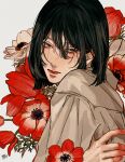  1boy absurdres anemone_(flower) black_hair brown_eyes closed_mouth flower from_side hair_between_eyes highres kagoya1219 looking_at_viewer looking_to_the_side male_focus medium_hair original red_flower red_footwear signature solo upper_body 