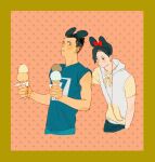  2boys black_eyes black_hair blue_pants blue_shirt character_request chengongzi123 commentary cropped_legs disney earbuds earphones food grey_hoodie haikyuu!! hands_up highres holding holding_food holding_ice_cream hood hood_down hoodie ice_cream ice_cream_cone looking_at_another male_focus mickey_mouse_ears minnie_mouse_ears multiple_boys pants parted_lips pink_background shirt short_hair sleeves_pushed_up symbol-only_commentary undercut very_short_hair 