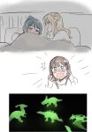  3girls absurdres blonde_hair blue_eyes blue_hair blush brown_hair come_under_the_blanket_(meme) commentary_request dinosaur embarrassed glow-in-the-dark green_eyes hair_ornament hairclip highres indoors korean_commentary kurosawa_dia long_hair love_live! love_live!_sunshine!! matsuura_kanan meme multiple_girls ohara_mari on_bed one_side_up pito_(sh02327) ponytail purple_eyes sexually_suggestive single_hair_ring smile sweat under_covers yuri 