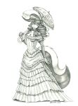 2024 anthro baron_engel breasts cleavage clothed clothing dress female fluffy fluffy_tail fur gloves greyscale hair handwear hi_res mammal mephitid monochrome parasol rosemary_parker_(character) skunk solo tail