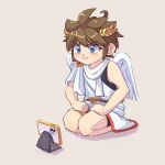 angel azcbcd blush brown_hair clothing feathered_wings feathers hair hi_res humanoid kid_icarus light_body light_skin male nintendo not_furry pit_(kid_icarus) simple_background sitting solo tablet winged_humanoid wings