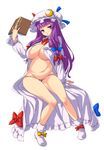  belly book bow breasts crescent full_body hair_bow hat highres large_breasts long_hair navel nekomamire no_bra open_clothes panties patchouli_knowledge plump purple_hair shoes simple_background sitting skindentation solo striped striped_panties touhou underwear 