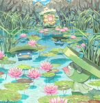  ^_^ absurdres afloat aisutabetao blue_skin closed_eyes colored_skin commentary_request dancing evolutionary_line flower grass green_skin highres lily_pad lombre lotad lotus ludicolo no_humans open_mouth outdoors pokemon pokemon_(creature) smile water 