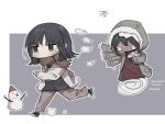  1girl anger_vein black_eyes black_hair black_shirt blue_footwear brown_pants brown_scarf chasing chibi chinese_commentary coat commentary_request fur_trim grey_background grey_jacket hood hood_up hooded_jacket inuko_(ink0425) jacket long_sleeves medium_hair motion_lines multiple_views no_mouth open_clothes open_jacket open_mouth original outline pants running scarf shaded_face shirt shoes sneakers snowball snowman sweatdrop throwing white_jacket white_outline winter_clothes 