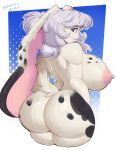 anthro behelliths big_breasts big_butt black_body blue_eyes breasts butt domestic_rabbit erect_nipples female hair hi_res lagomorph leporid long_ears lop_rabbit mammal nipples oryctolagus rabbit simple_background smile solo thick_thighs white_body white_hair