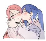  2girls blue_hair blush closed_eyes closed_mouth commentary_request grey_shirt hand_on_another&#039;s_neck kiss kissing_cheek korean_commentary long_hair love_live! love_live!_sunshine!! matsuura_kanan multiple_girls one_eye_closed pito_(sh02327) ponytail red_hair sakurauchi_riko shirt simple_background upper_body white_background yuri 