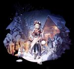  1girl animal_ears black_thighhighs capelet expressionless highres house kuroha_(pixiv91542816) long_hair original rabbit_ears rabbit_girl red_eyes scenery skirt snow snowing standing thighhighs very_long_hair white_hair white_rabbit_(animal) wide_sleeves winter 