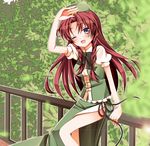  bad_hands bad_id bad_pixiv_id blue_eyes braid chinese_clothes hat hong_meiling long_hair nekosugi_(hoshi) one_eye_closed red_hair solo touhou twin_braids 