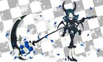  black_rock_shooter checkered checkered_background choker dead_master flower green_eyes high_heels highres holding holding_scythe horns inaba_taiju petals rose scythe shoes solo wings 
