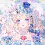  1girl animal_ears bare_shoulders bcy_username bead_necklace beads blonde_hair blue_bow blue_butterfly blue_dress blue_eyes blue_hat blue_sleeves blunt_bangs blush bow braid bug butterfly card chinese_commentary clock_hair_ornament cloud club_hair_ornament commentary_request cross-laced_clothes cross-laced_dress dated diamond_hair_ornament dress drill_hair eyelashes eyeshadow floral_background flower flower_in_eye frilled_dress frilled_hat frills hair_beads hair_bow hair_ornament hairclip hat hat_bow hat_ornament heart heart_hair_ornament heart_hands heart_in_eye heart_print holding holding_heart jewelry lace-trimmed_headwear lace_trim lipstick long_hair long_sleeves looking_at_viewer makeup mini_hat mini_top_hat mioda_xi multiple_hair_bows necklace off-shoulder_dress off_shoulder original parted_lips pink_eyeshadow pink_flower pink_lips playing_card puffy_long_sleeves puffy_sleeves rabbit_ears rainbow sample_watermark single_braid sleeve_bow smile solo spade_hair_ornament sparkle striped_bow stuffed_animal stuffed_cat stuffed_rabbit stuffed_toy symbol_in_eye top_hat upper_body watermark weibo_logo weibo_username white_bow white_headdress x_hair_ornament 