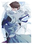  1boy absurdres biting blue-eyes_white_dragon blue_eyes brown_hair coat colored_skin dragon duel_monster from_behind highres kaiba_seto looking_at_viewer looking_back medium_hair skmkst sleeping white_coat white_skin yu-gi-oh! yu-gi-oh!_duel_monsters zoom_layer 