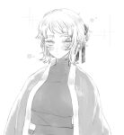  1girl breasts collared_shirt faust_(project_moon) greyscale hair_bun hair_ribbon kimono_on_shoulders large_breasts limbus_company looking_at_viewer monochrome project_moon ribbon scar scar_across_eye shirt sidelocks solo uchimura_(rino0525) upper_body 