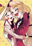  1boy 1girl blonde_hair charlie_morningstar cheek-to-cheek closed_eyes father_and_daughter formal hat hazbin_hotel heads_together height_difference highres hug long_hair lucifer_morningstar_(hazbin_hotel) pale_skin ponytail short_hair smile suit yakitori0141490 