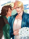  blonde_hair blue_eyes blue_jacket bomber_jacket bouquet brown_eyes brown_hair cross_(togano) facial_hair flower jacket kaburagi_t_kotetsu keith_goodman male_focus multiple_boys petting rose stubble tiger_&amp;_bunny vest waistcoat white_flower white_rose 