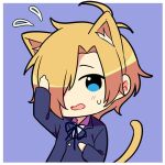  1boy animal_ear_fluff animal_ears biyo blazer blonde_hair blue_background blue_eyes blue_jacket border buttons cat_ears cat_tail chibi flying_sweatdrops hair_intakes hand_on_own_chest hand_on_own_head jacket looking_at_viewer male_focus nervous noel_levine open_mouth short_hair solo sweatdrop tail upper_body white_border witch&#039;s_heart 