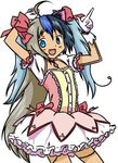  blue_eyes blue_hair bow dubs fang fusion gloves hair_bow i izumi_konata jpeg_artifacts kaname_madoka kaname_madoka_(cosplay) long_hair lowres mahou_shoujo_madoka_magica moetron open_mouth original very_long_hair 