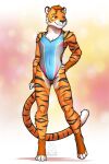 absurd_res anthro arm_tuft clothing digitigrade eyebrows eyelashes felid female fur hand_on_hip hi_res mammal mykegreywolf nonbinary_(lore) one-piece_swimsuit orange_body orange_eyes orange_fur pantherine shoulder_tuft solo striped_body striped_fur stripes swimwear tiger tuft white_body white_fur