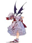  1girl ascot bat_wings blood blood_on_clothes blood_on_face blood_splatter bow clothes_lift collar collared_shirt footwear_bow frilled_collar frilled_cuffs frilled_hat frilled_skirt frilled_sleeves frills hat hat_bow high_heels highres hua88331 large_bow mob_cap pink_shirt pink_skirt puffy_short_sleeves puffy_sleeves purple_hair red_ascot red_bow red_eyes remilia_scarlet shirt short_hair short_sleeves simple_background skirt skirt_lift skirt_set solo touhou weapon wings wrist_cuffs 