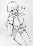  1girl ? blush breasts cleavage collared_shirt commentary english_commentary greyscale heart highres large_breasts long_hair looking_at_viewer monochrome original renocoffee shirt sitting skirt smile solo spoken_heart spoken_question_mark thighs traditional_media 