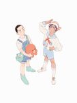  2boys aged_down ankle_socks arm_up black_eyes blue_overalls blue_shorts boots buzz_cut chengongzi123 child closed_mouth full_body golden_kamuy green_eyes hand_on_own_hip hat highres holding holding_stuffed_toy koito_otonoshin long_sleeves looking_at_viewer male_focus multiple_boys overalls parted_lips penguin_print purple_hair sailor sailor_collar sailor_hat sailor_shirt salute shirt shoes short_hair short_sleeves shorts simple_background smile sneakers socks standing stuffed_animal stuffed_octopus stuffed_toy t-shirt tsukishima_hajime very_short_hair white_background white_footwear white_hat white_shirt white_socks 