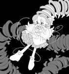  1girl commentary_request frilled_skirt frills full_body greyscale hair_between_eyes hat higa423 highres holding holding_clothes holding_hat komeiji_koishi long_hair long_sleeves monochrome open_mouth screentones shirt shoes skirt solo third_eye too_many_hats touhou unfinished wide_sleeves 