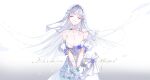  1girl bare_shoulders bouquet breasts choker cleavage closed_eyes collarbone dress facial_mark girls&#039;_frontline hk416_(girls&#039;_frontline) holding holding_bouquet imoko_(imonatsuki) large_breasts long_hair parted_lips solo wedding_dress white_hair 