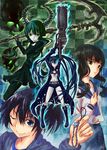  arm_cannon black_hair black_rock_shooter black_rock_shooter_(character) blue_eyes cellphone_strap checkered checkered_background dead_master green_eyes green_hair highres hood hoodie kaeru_(kaerism) kuroi_mato midriff multiple_girls navel one_eye_closed scar scythe short_shorts short_twintails shorts skull smile takanashi_yomi twintails weapon 