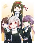  4girls :| black_track_suit bob_cut border brown_eyes brown_hair closed_mouth colored_inner_hair commentary_request diagonal_bangs fujishima_megumi gradient_background green_eyes green_hair grey_hair hair_ornament hairclip hands_on_another&#039;s_shoulders headband highres inverted_bob kanduki_kamibukuro kibasen link!_like!_love_live! long_hair long_sleeves love_live! low_ponytail multicolored_hair multiple_girls oogami_sachi otomune_kozue outside_border purple_eyes purple_hair red_eyes red_hair red_headband short_hair sidelocks small_sweatdrop smile sparkle star_(symbol) star_hair_ornament straight_hair streaked_hair swept_bangs track_suit translation_request v-shaped_eyebrows white_border yellow_background yugiri_tsuzuri 