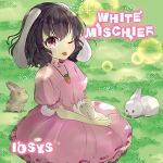  1girl album_cover animal_ears black_hair carrot_necklace circle_name cover dress english_text floppy_ears frilled_sleeves frills game_cg grass hachipuyo inaba_mob_(touhou) inaba_tewi iosys jewelry naughty_face necklace official_art one_eye_closed petting pink_dress puffy_short_sleeves puffy_sleeves rabbit rabbit_ears rabbit_girl rabbit_tail red_eyes ribbon-trimmed_dress short_hair short_sleeves sitting solo sunlight tail tongue tongue_out touhou touhou_cannonball tree wavy_hair 