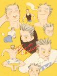  1boy bokuto_koutarou brown_shirt character_name chengongzi123 closed_eyes closed_mouth colored_eyelashes commentary facing_viewer full_body grey_hair haikyuu!! highres looking_at_viewer looking_back male_focus male_swimwear multicolored_hair multiple_views open_mouth puff_of_air saliva shirt short_hair simple_background smelling smile streaked_hair swim_trunks symbol-only_commentary tank_top thick_eyebrows upper_body very_short_hair white_shirt yellow_background yellow_eyes 
